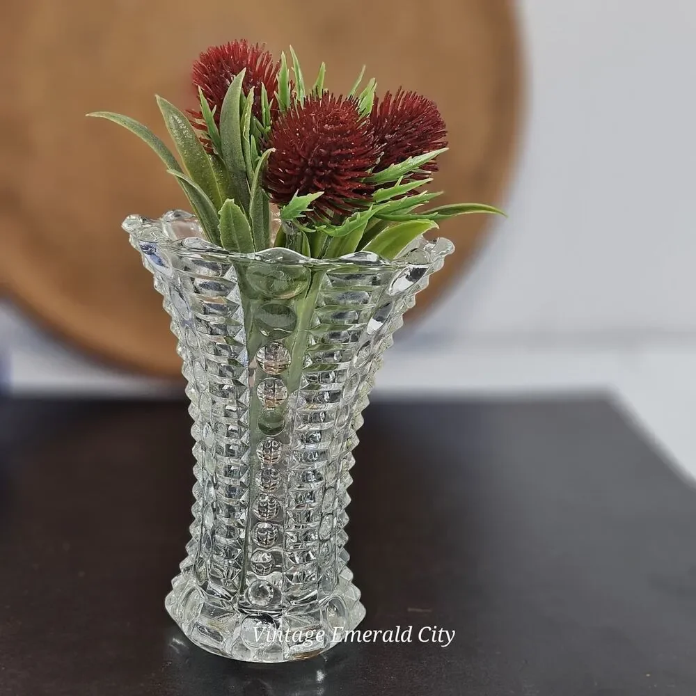 Vtg Indiana Clear Glass Bud Vase Art Deco dot dash Textured Scalloped Mayflower